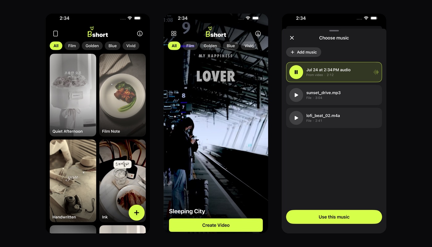Three bshort screens side by side: the template grid, a full-screen template playing, and the music picker