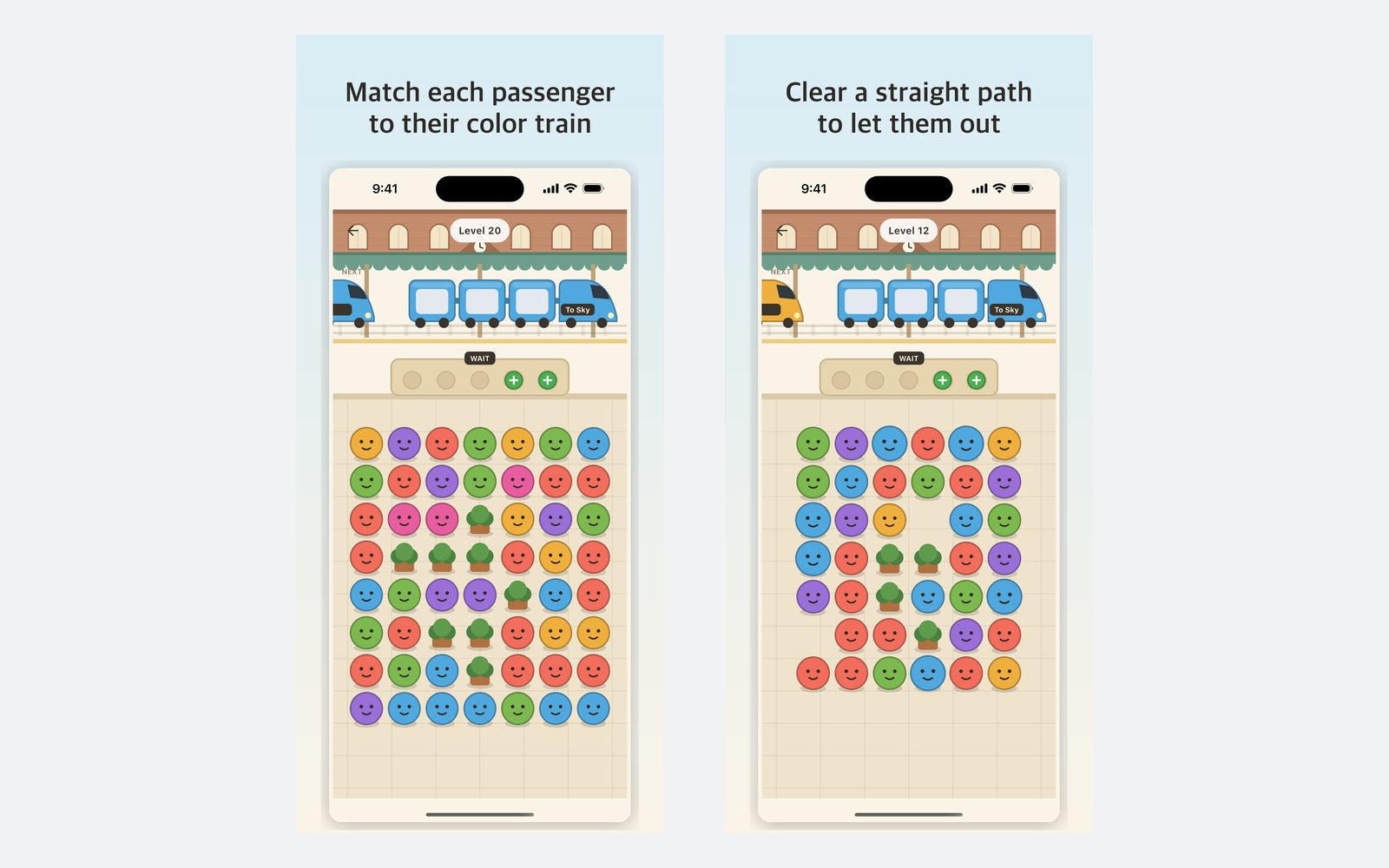 Two levels in play: a coloured train at the platform and a grid of passengers below
