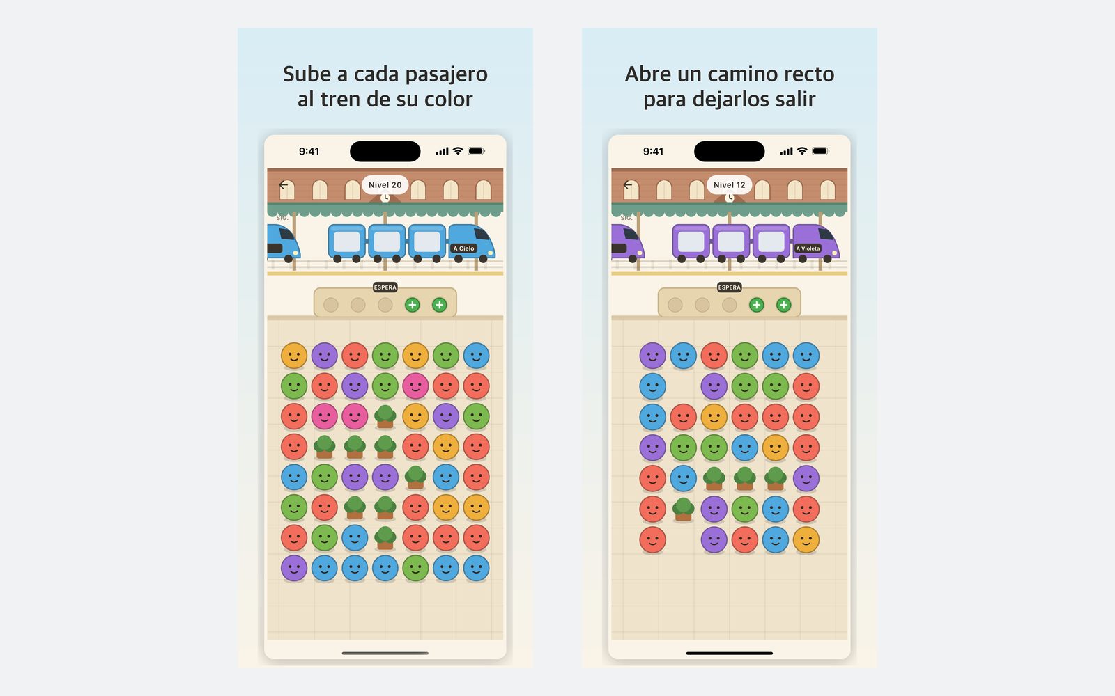 Dos niveles en juego: un tren de color en el andén y una cuadrícula de pasajeros