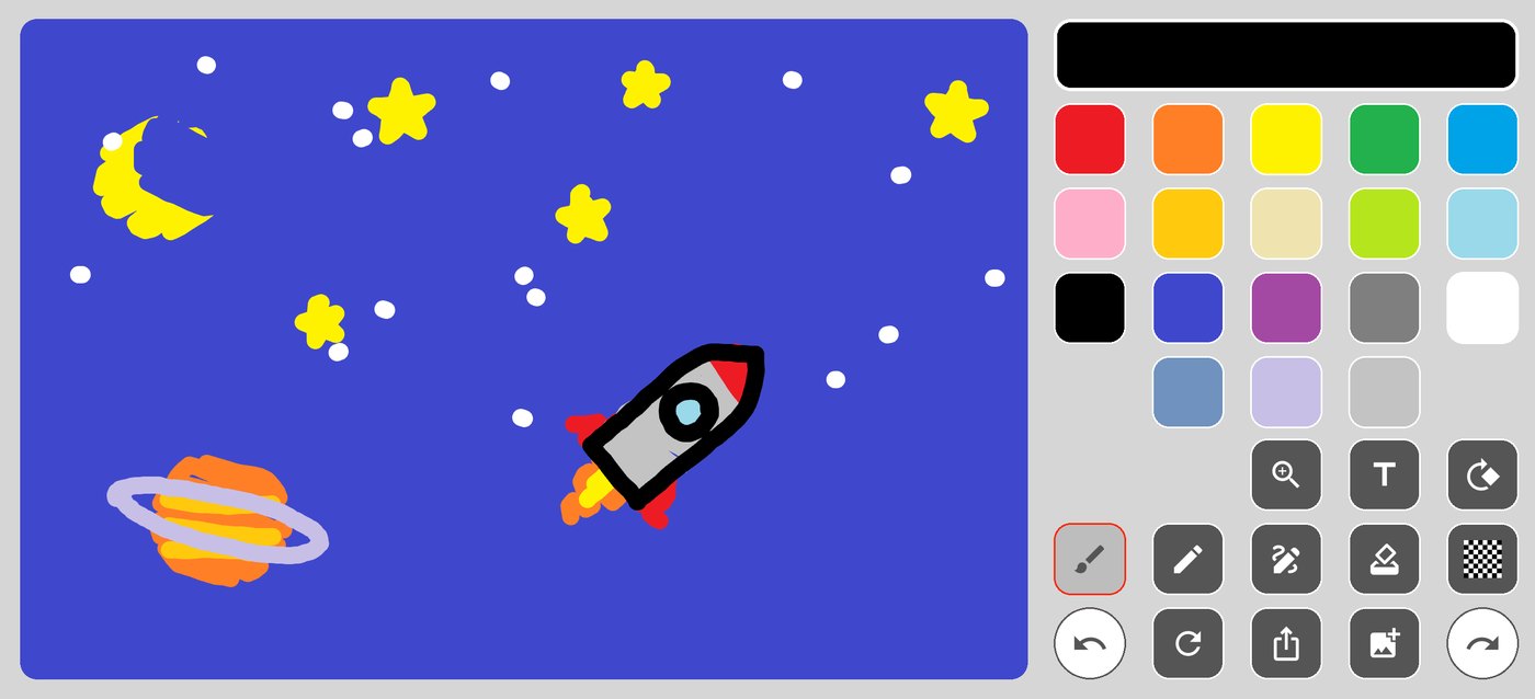 A night sky with a moon, stars, a ringed planet and a rocket, drawn over an indigo background filled from the palette