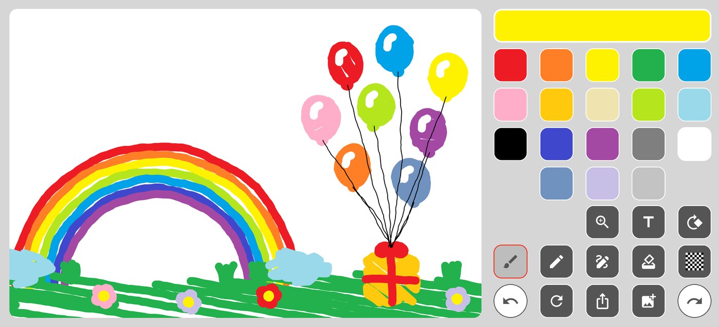 A rainbow and a bunch of balloons drawn in many of the eighteen colours, with the balloon strings drawn in pencil