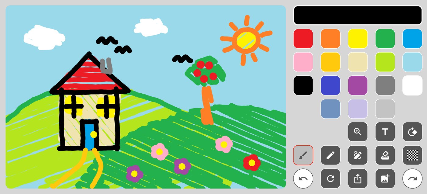 A hand-drawn house on a green hill with a sun, clouds, birds and an apple tree on PaintBoard's canvas, with the tool panel and colour palette on the right