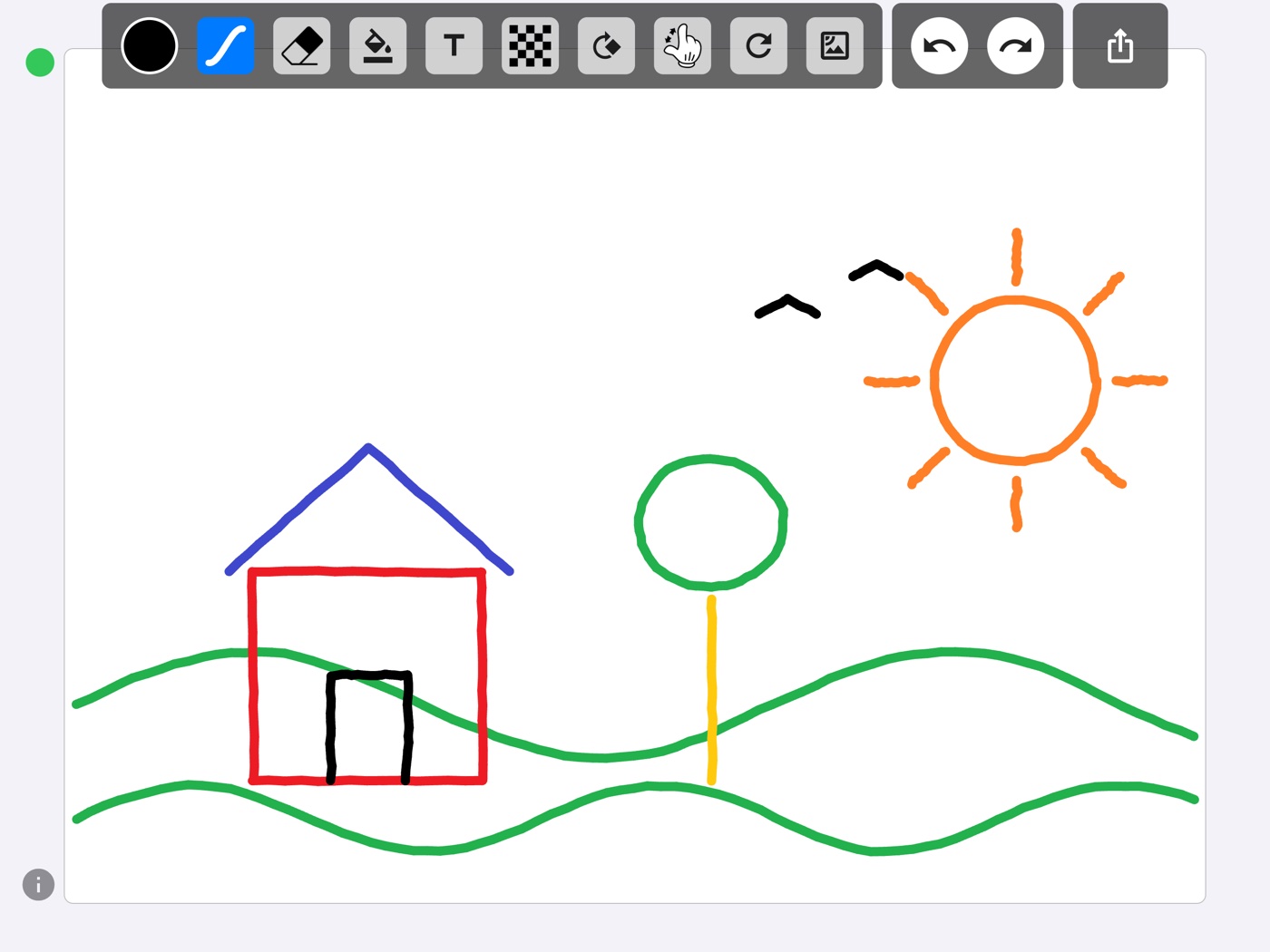 A hand-drawn landscape — house, tree, hills and a sun — on PaintBoardPro's white canvas, with the floating toolbar along the top