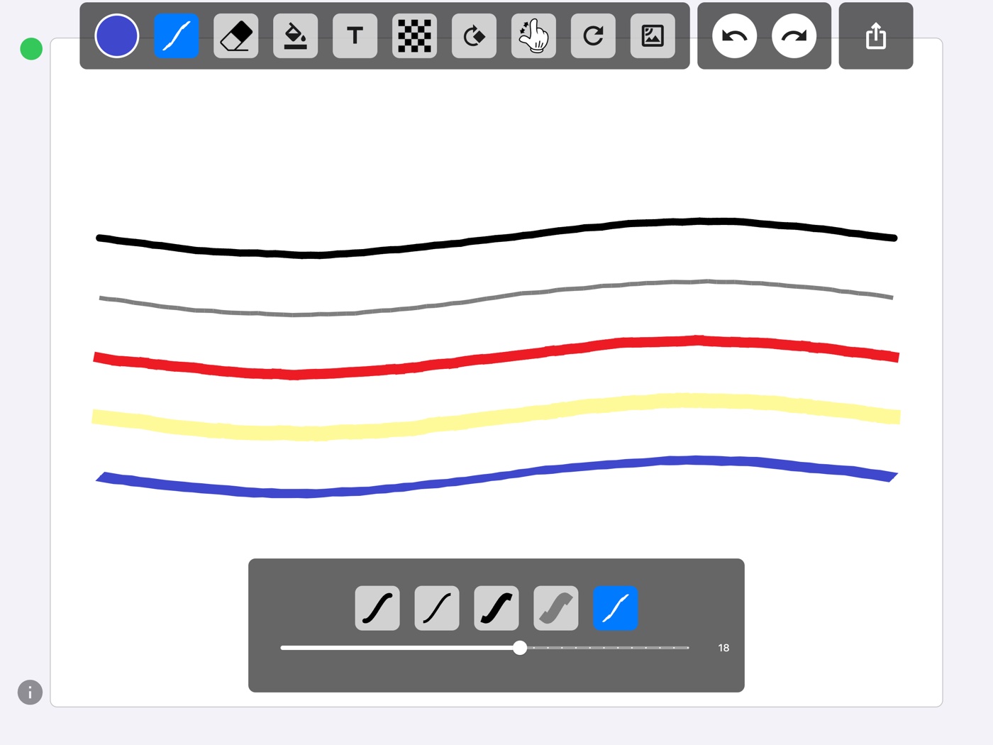 Five strokes in different colours, one per pen tip, with the tip picker and size slider open below them