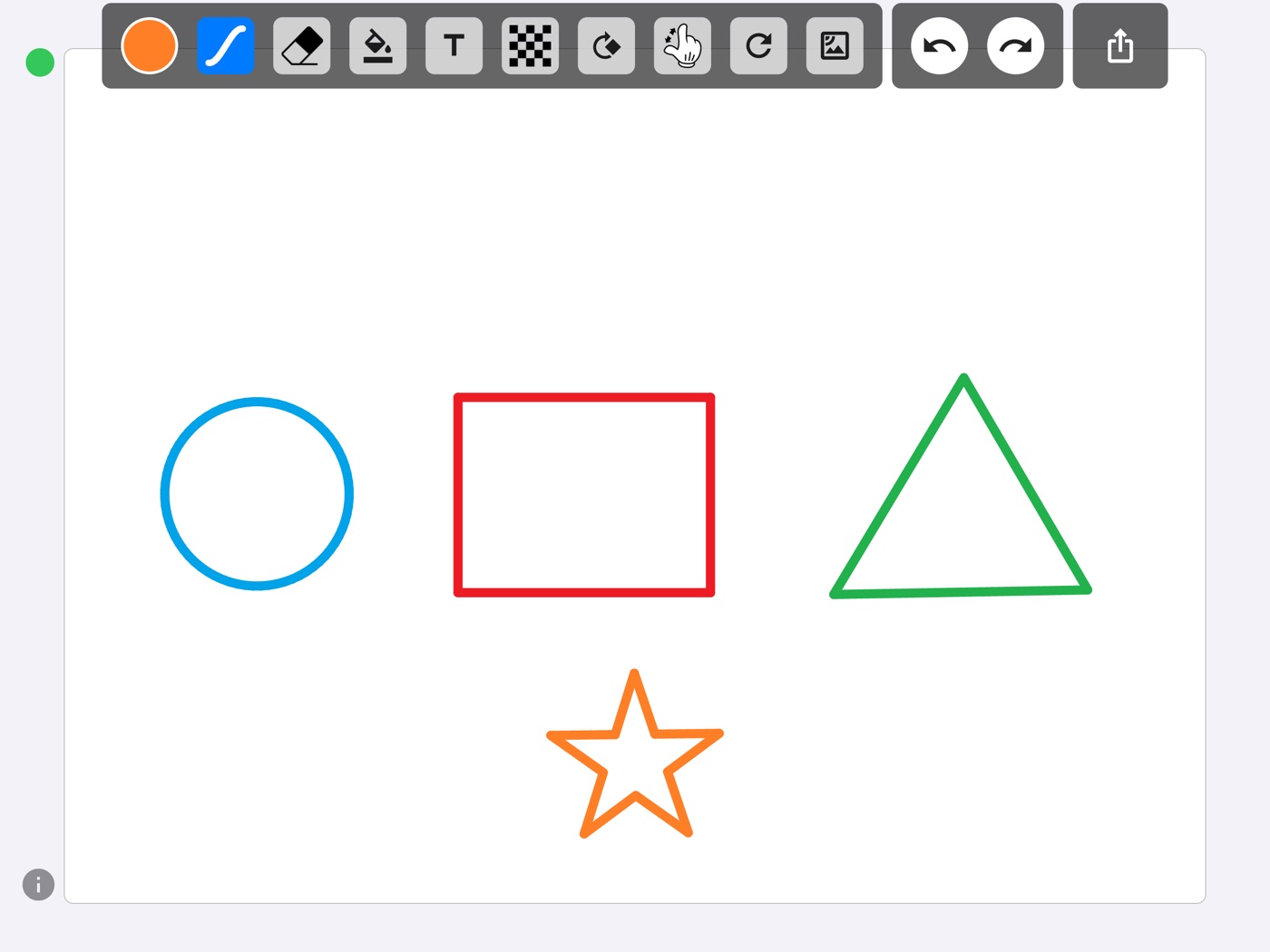 A circle, rectangle, triangle and five-pointed star, each drawn by hand and snapped to a clean shape