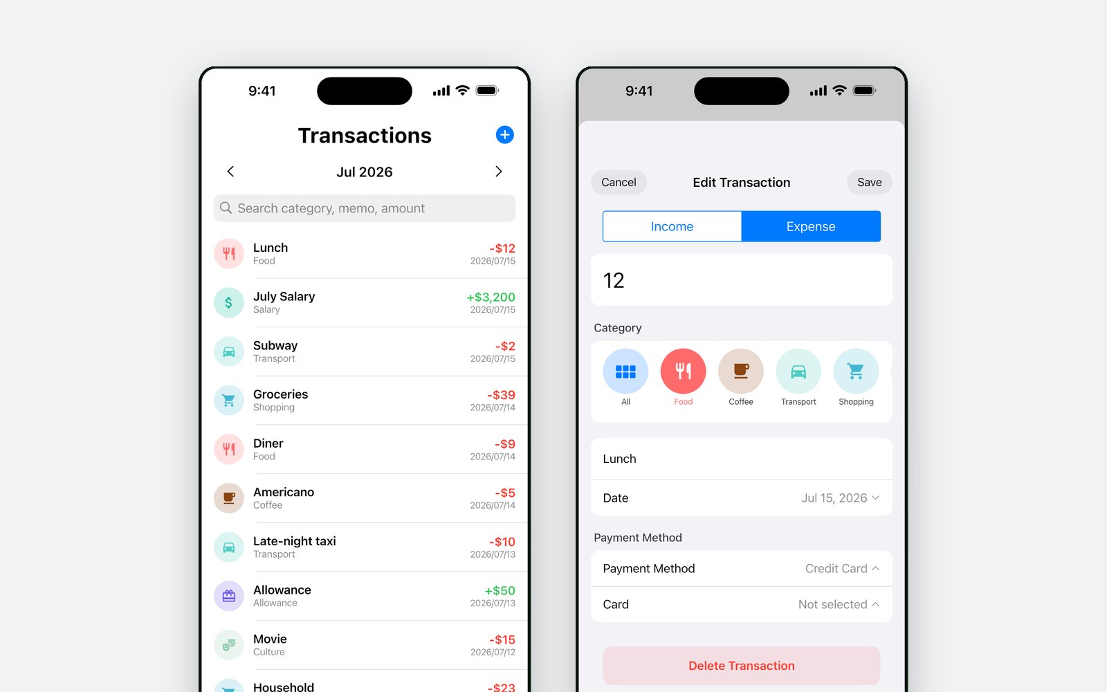 The transaction list beside the transaction screen, with amount, category and payment method