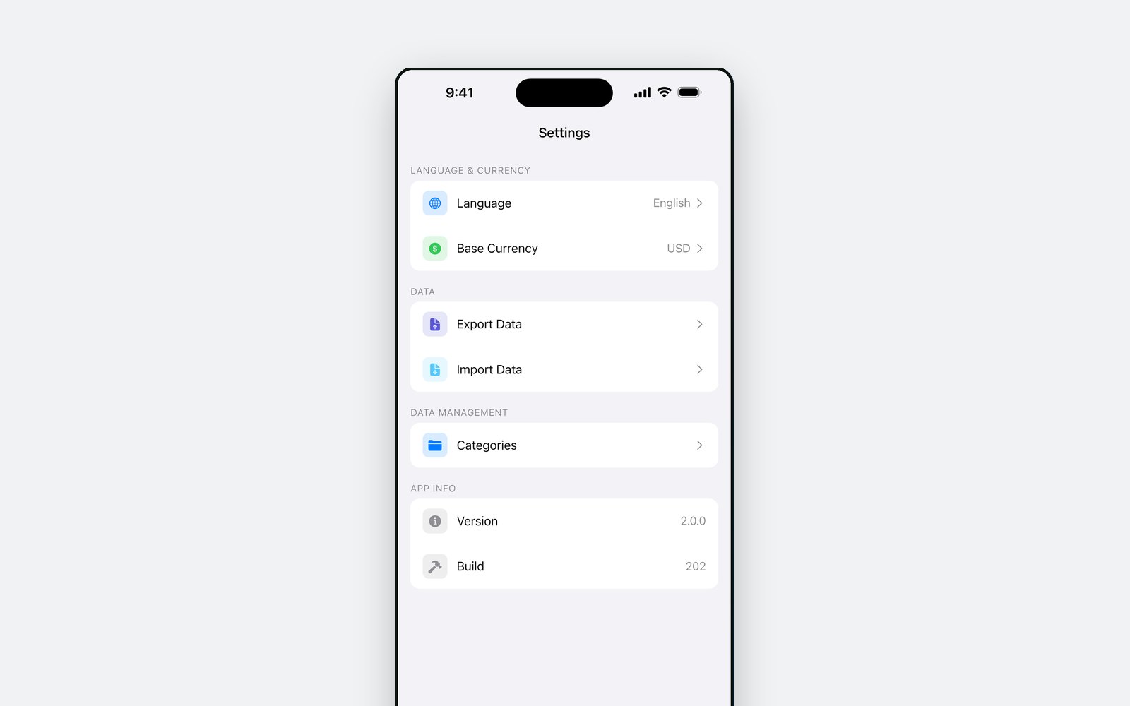 The settings screen showing language, base currency, data export and import, and category management